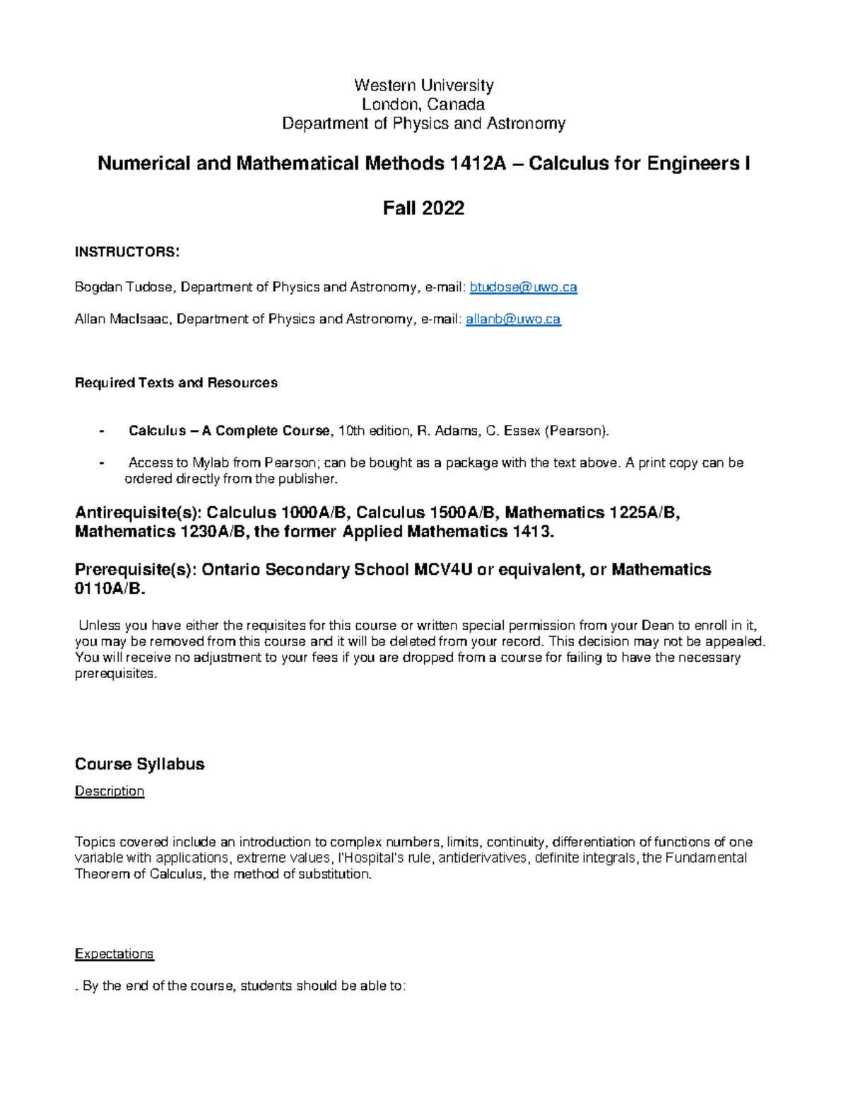Numerical & Mathematical Methods AM 1412A Syllabus Fall 2022 - Studocu