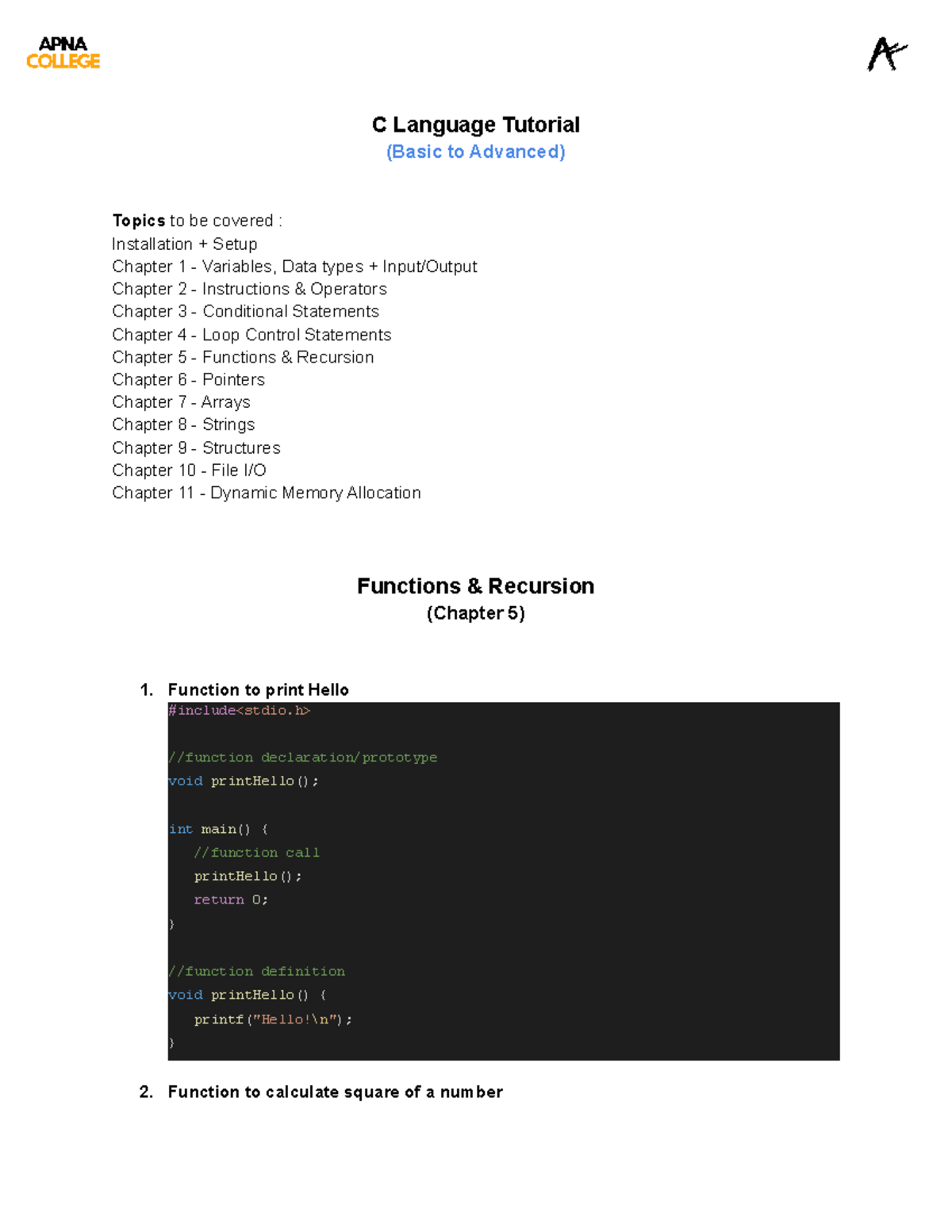 C Language Tutorial: Chapter 5 - Functions & Recursion - Studocu