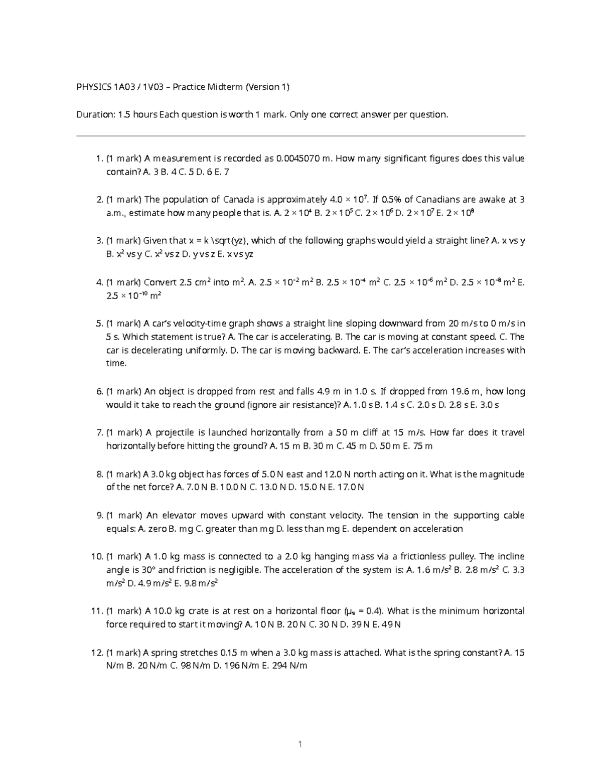 PHYSICS 1A03 Practice Midterm Test (Version 1) - Studocu