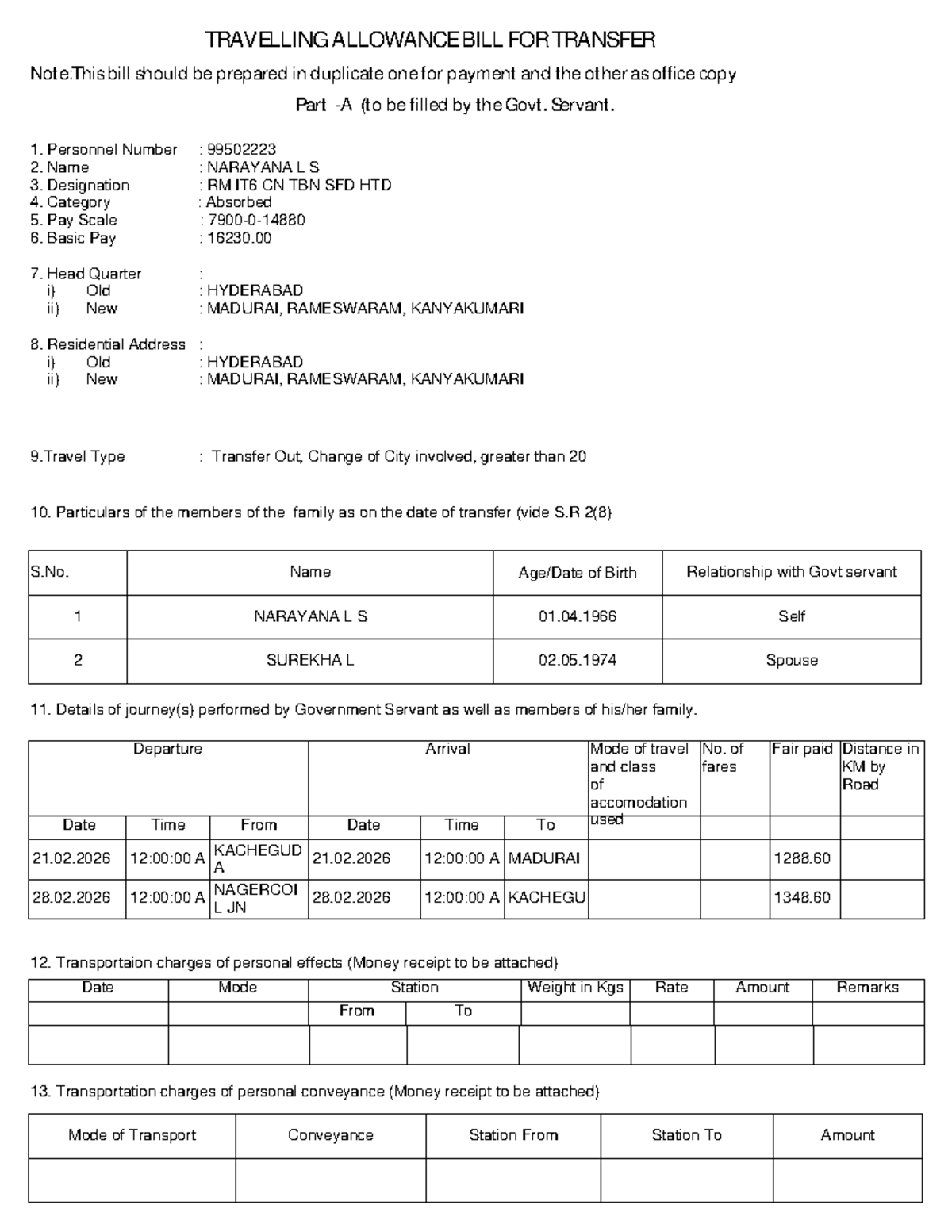 Travelling Allowance Bill for Transfer - VCVXC - Studocu