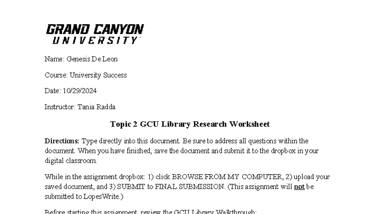 UNV 103 RS T2 Library Research Assignment Guide and Worksheet - Studocu