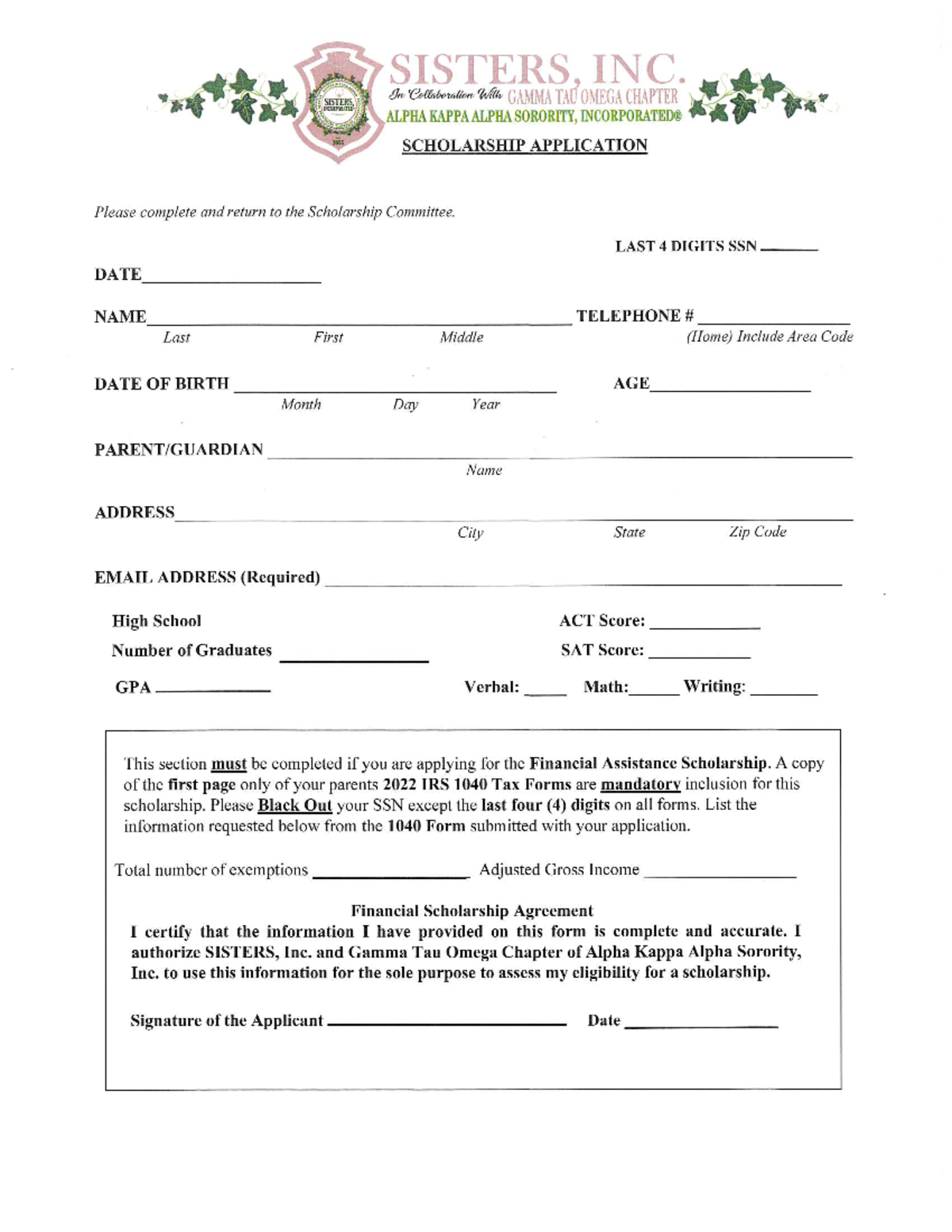 AKA Sorority Scholarship Application Form - Gamma Tau Omega Chapter ...