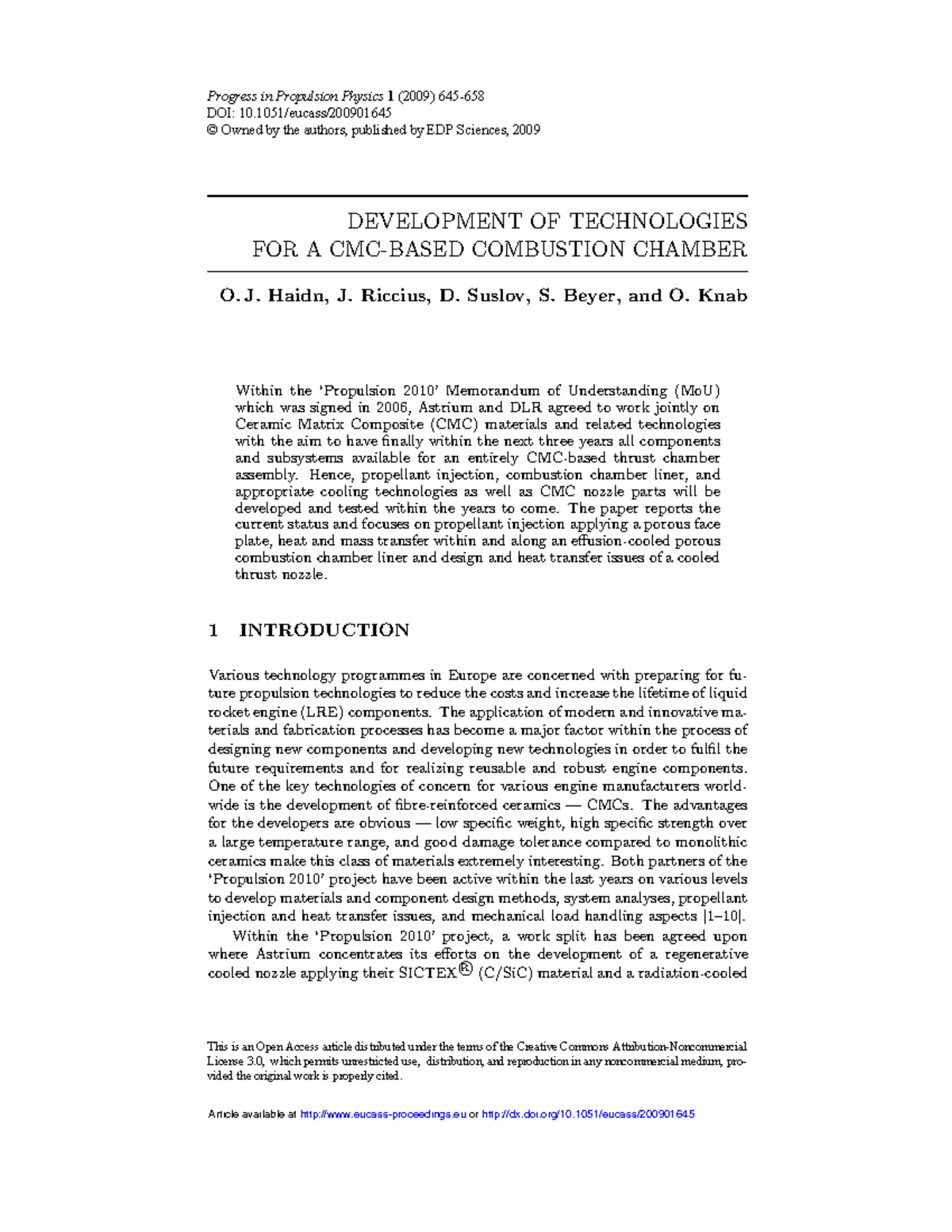 Development of CMC Technologies for Thrust Chambers (EUCASS 1P645 ...