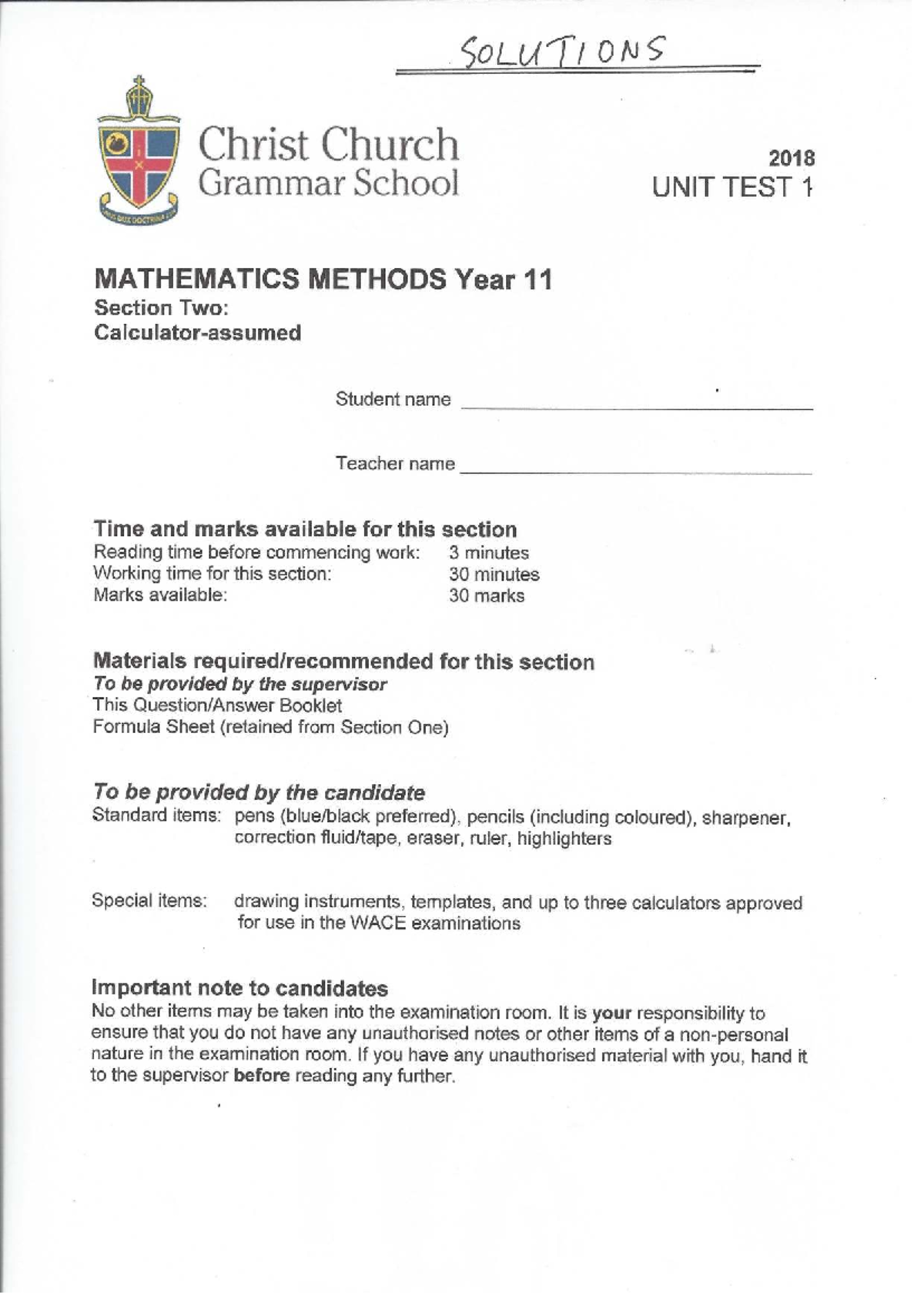 MATHEMATICS METHODS Year 11 UNIT TEST 1 Solutions 2018 - Studocu