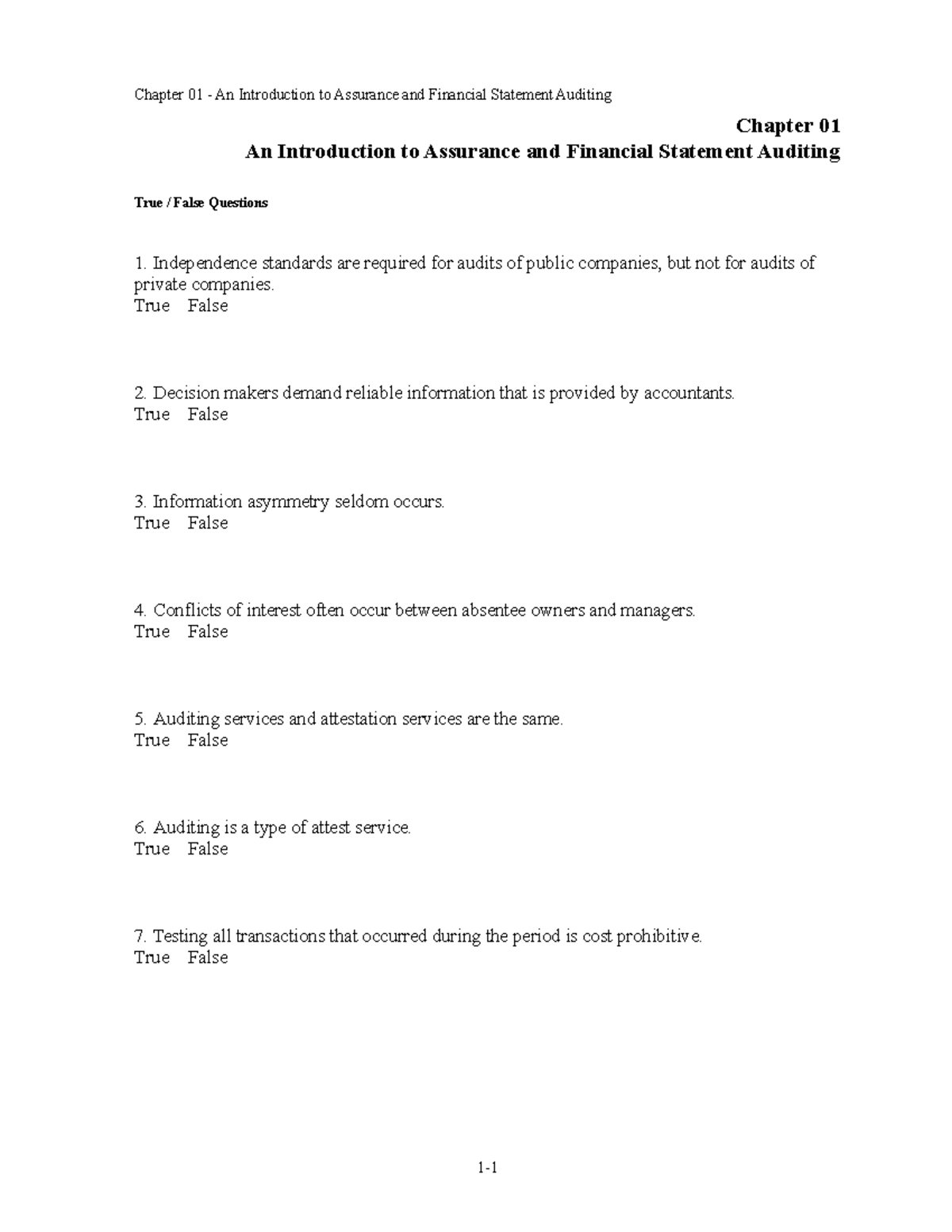 Chapter 1 - Test Bank for Assurance & Financial Statement Auditing ...