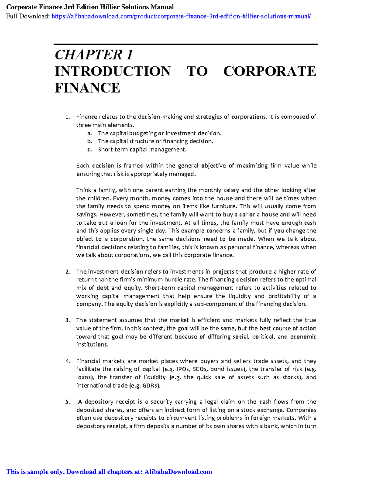 Corporate Finance 3rd Ed: Chapter 1 Key Concepts Summary - Studocu