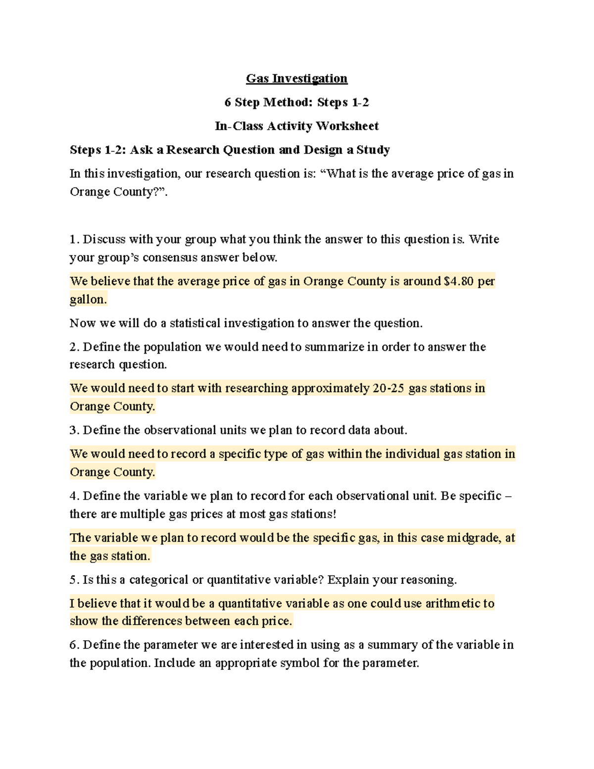 Gas Investigation 1: 6-Step Method Activity Worksheet - Studocu