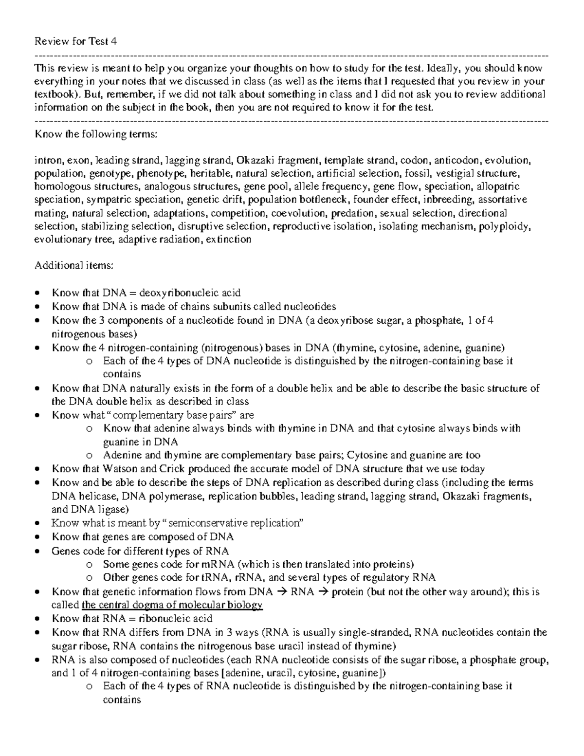 BIOL 1406 - Comprehensive Review for Test 4 on Evolution and Genetics ...