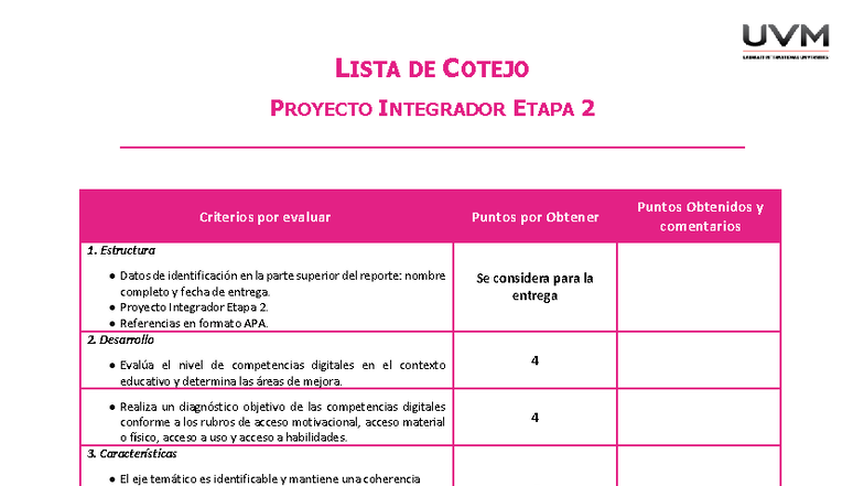 Lista DE Cotejo - LISTA DE COTEJO PROYECTO INTEGRADOR ETAPA 2 Criterios