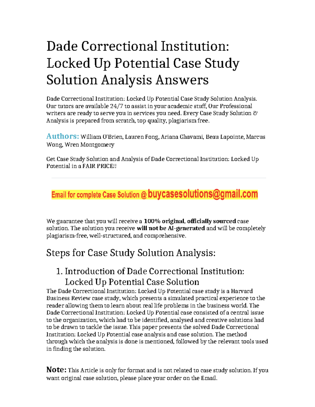 Dade Correctional Institution: Locked Up Potential Case Study Solution ...