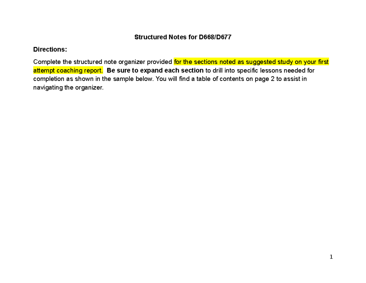 Structured Note Organizer for D668.D677: Study Guide and Examples - Studocu