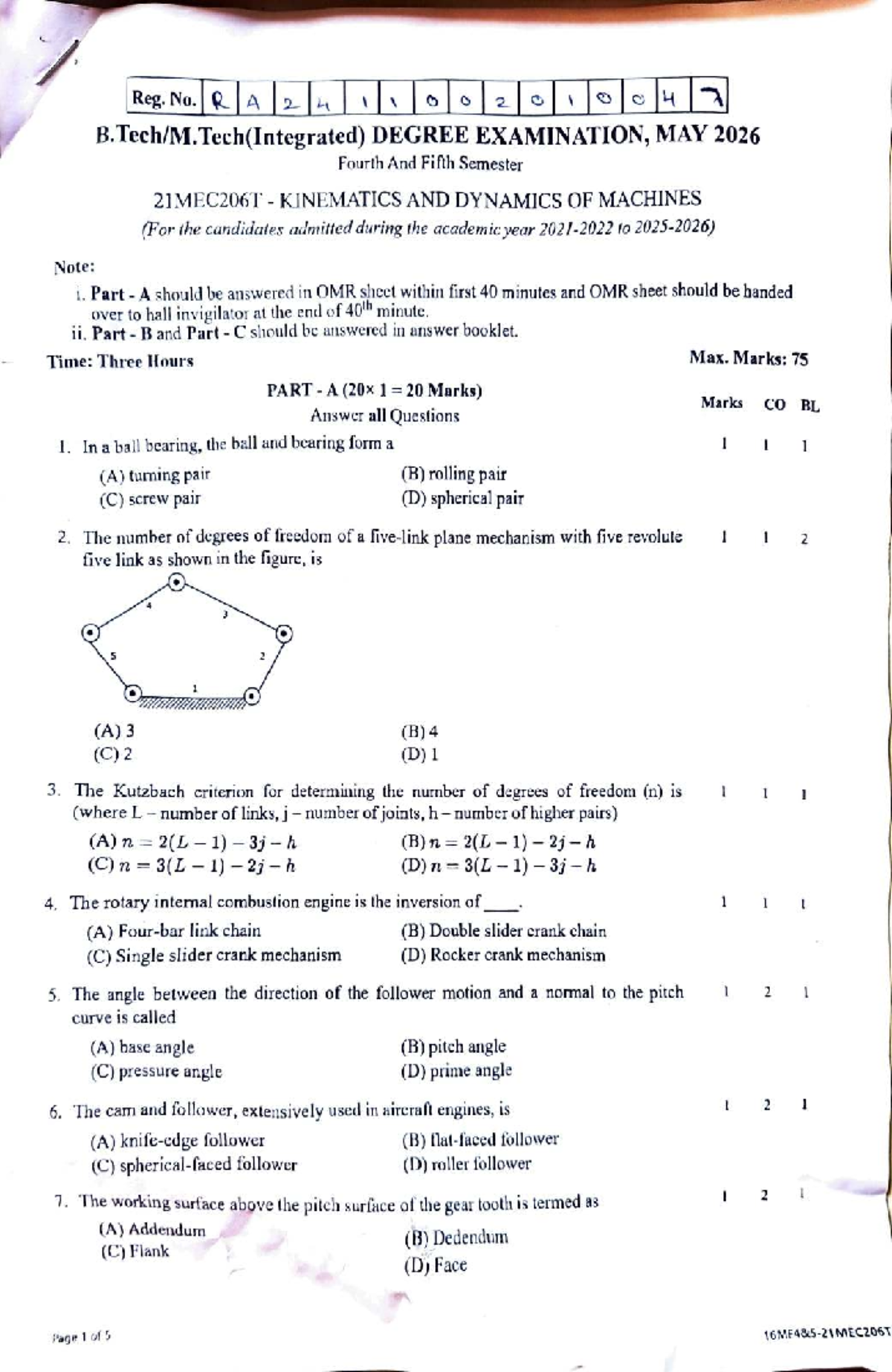 MEC206T Kinematics and Dynamics of Machines Sem 4 Previous Year ...