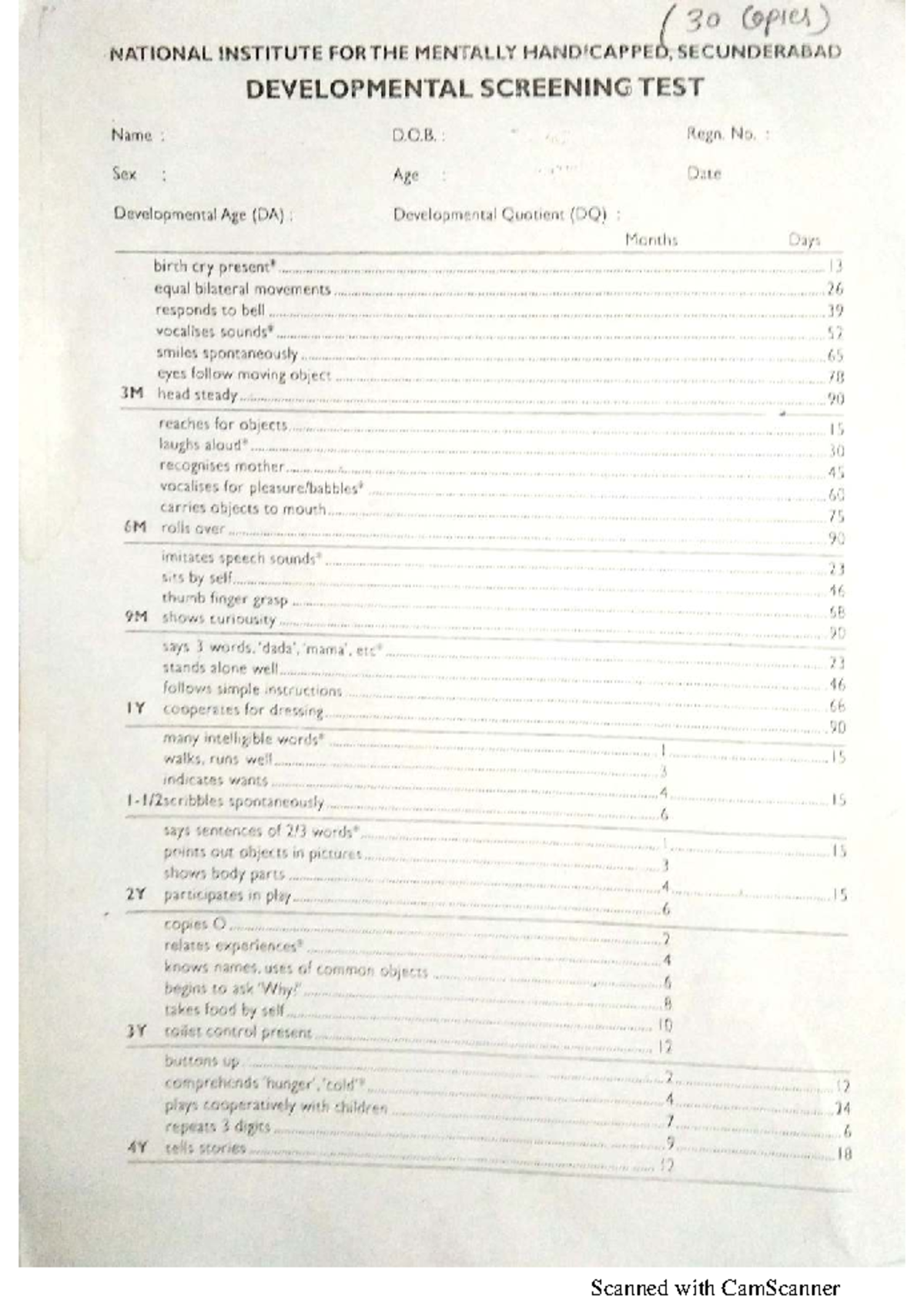 Developmental Screening Test (30 Copies) - NIMH Secunderabad - Studocu