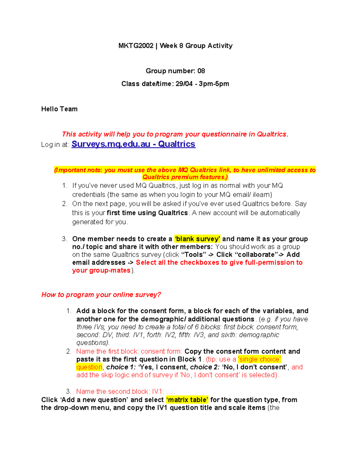 MKTG2002 Week 8 Group Activity: Qualtrics Survey Programming Guide ...