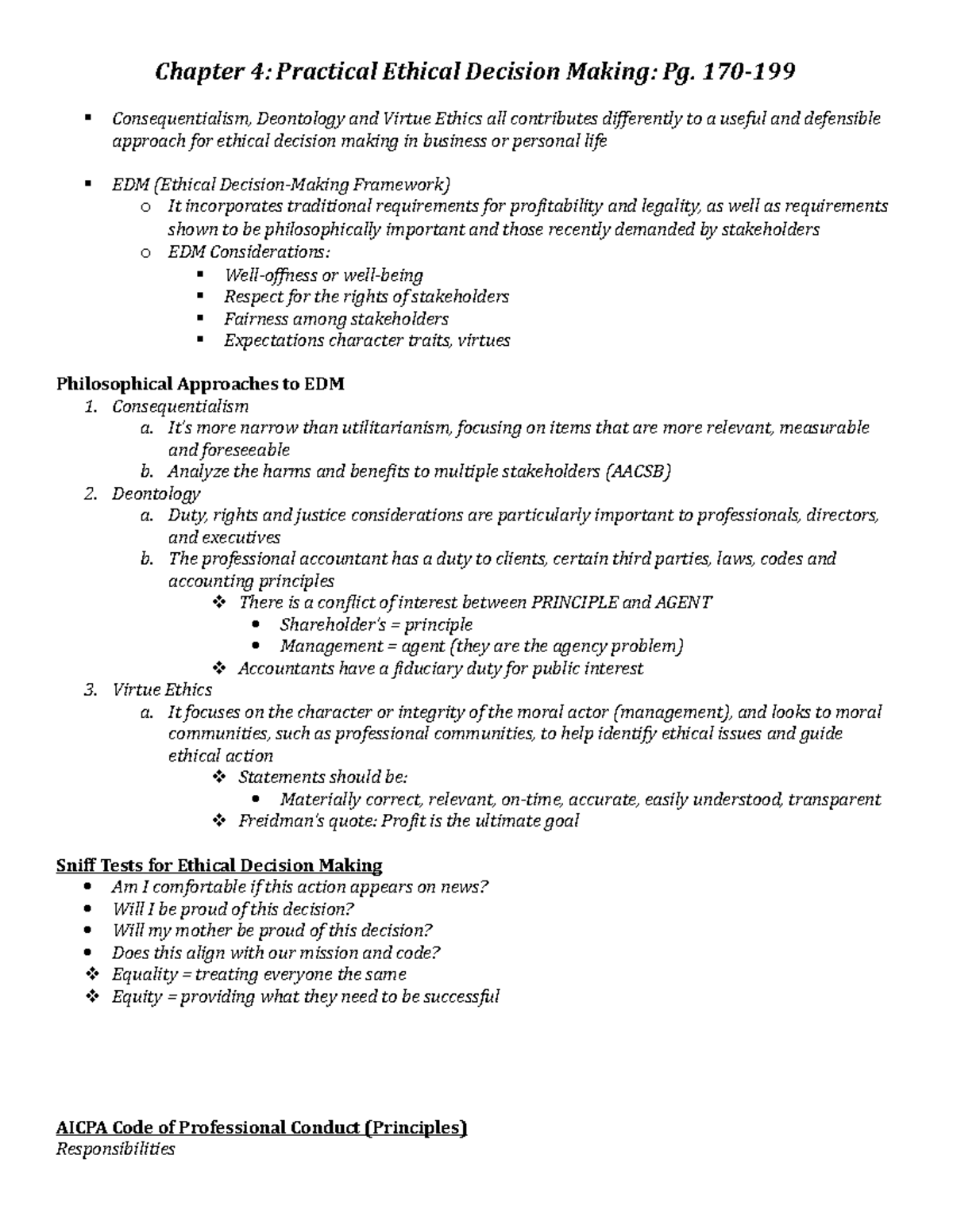 Chapter 4 Notes - Chapter 4: Practical Ethical Decision Making: Pg. 170 ...