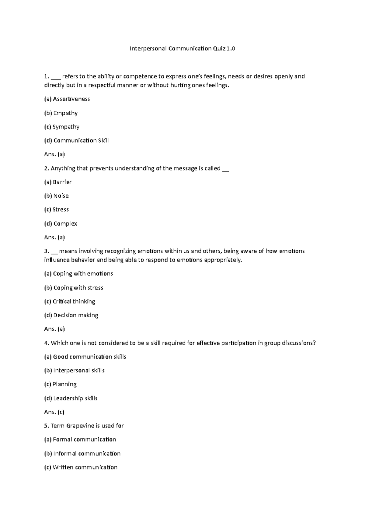 Interpersonal Communication Quiz 1 Study Guide - Studocu