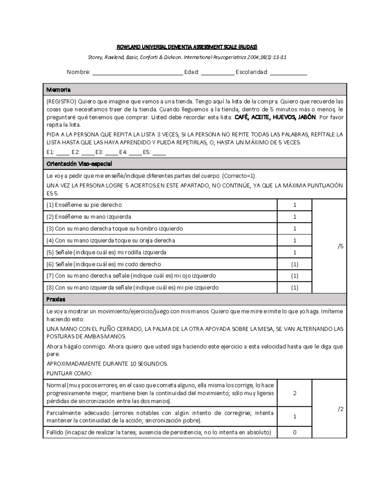 RUDAS Protocol: Comprehensive Assessment for Dementia Evaluation - Studocu