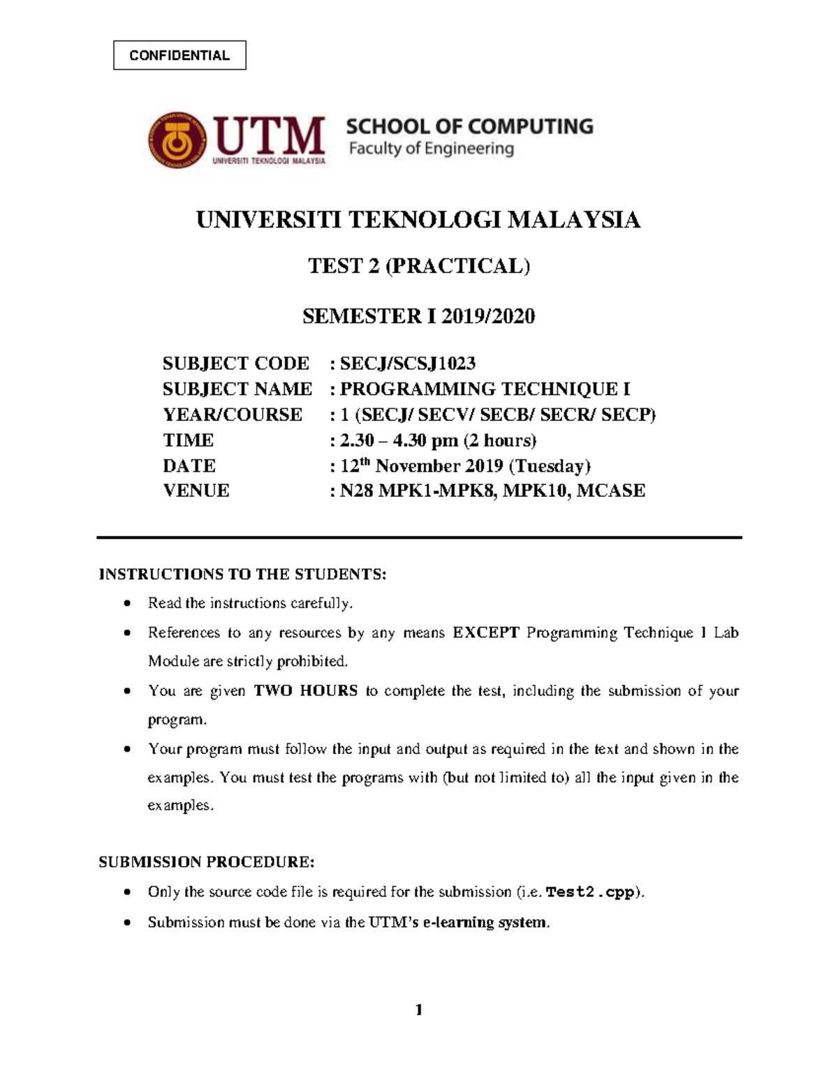 Test 2 Programming Technique I SECJ1013 - Practical Exam Guide - Studocu