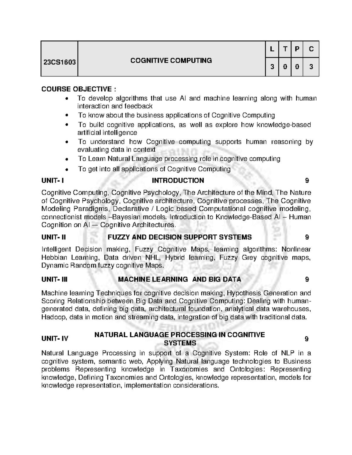 23CS1603 Cognitive Computing Course Syllabus and Objectives - Studocu