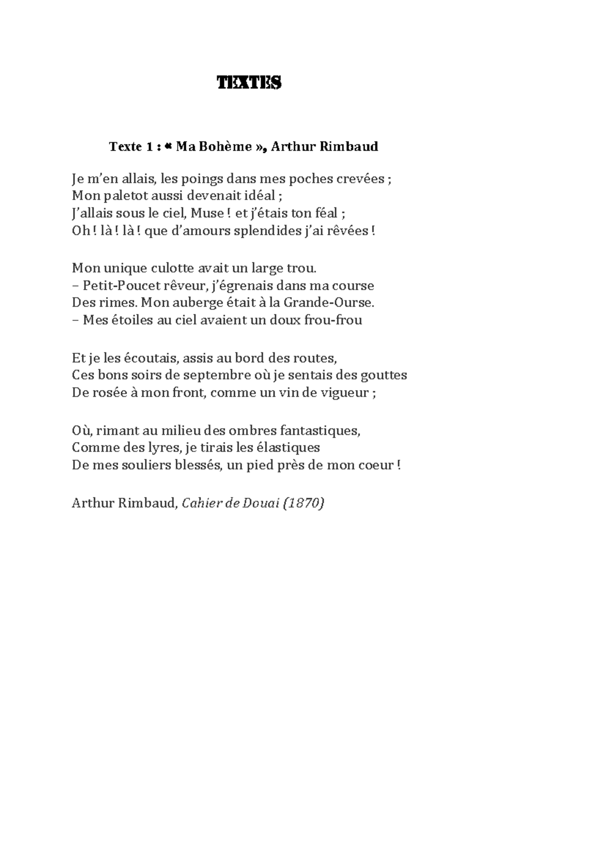 Textes Provisoires 1G4 et 1G7 : Poésie et Prose de Rimbaud, Baudelaire ...
