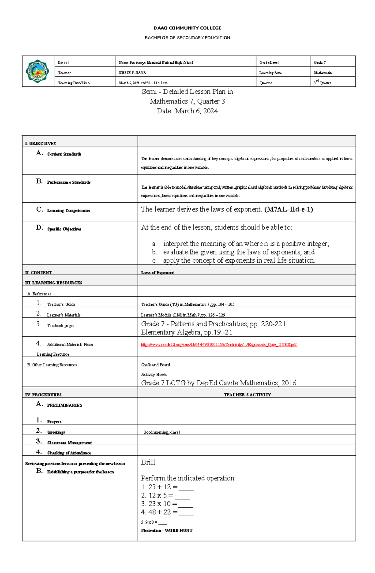 T1 - Lesson Plan - BAAO COMMUNITY COLLEGE BACHELOR OF SECONDARY ...