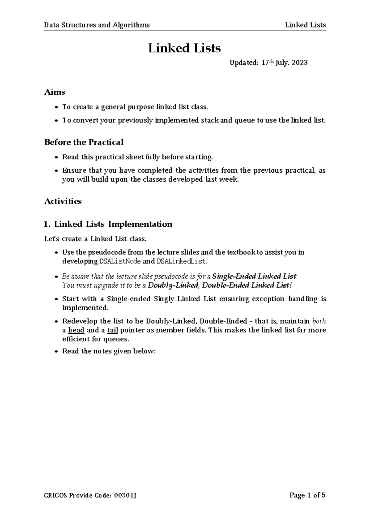 Prac 04 Linked Lists - Linked Lists Updated: 17 th July, 2023 Aims To ...