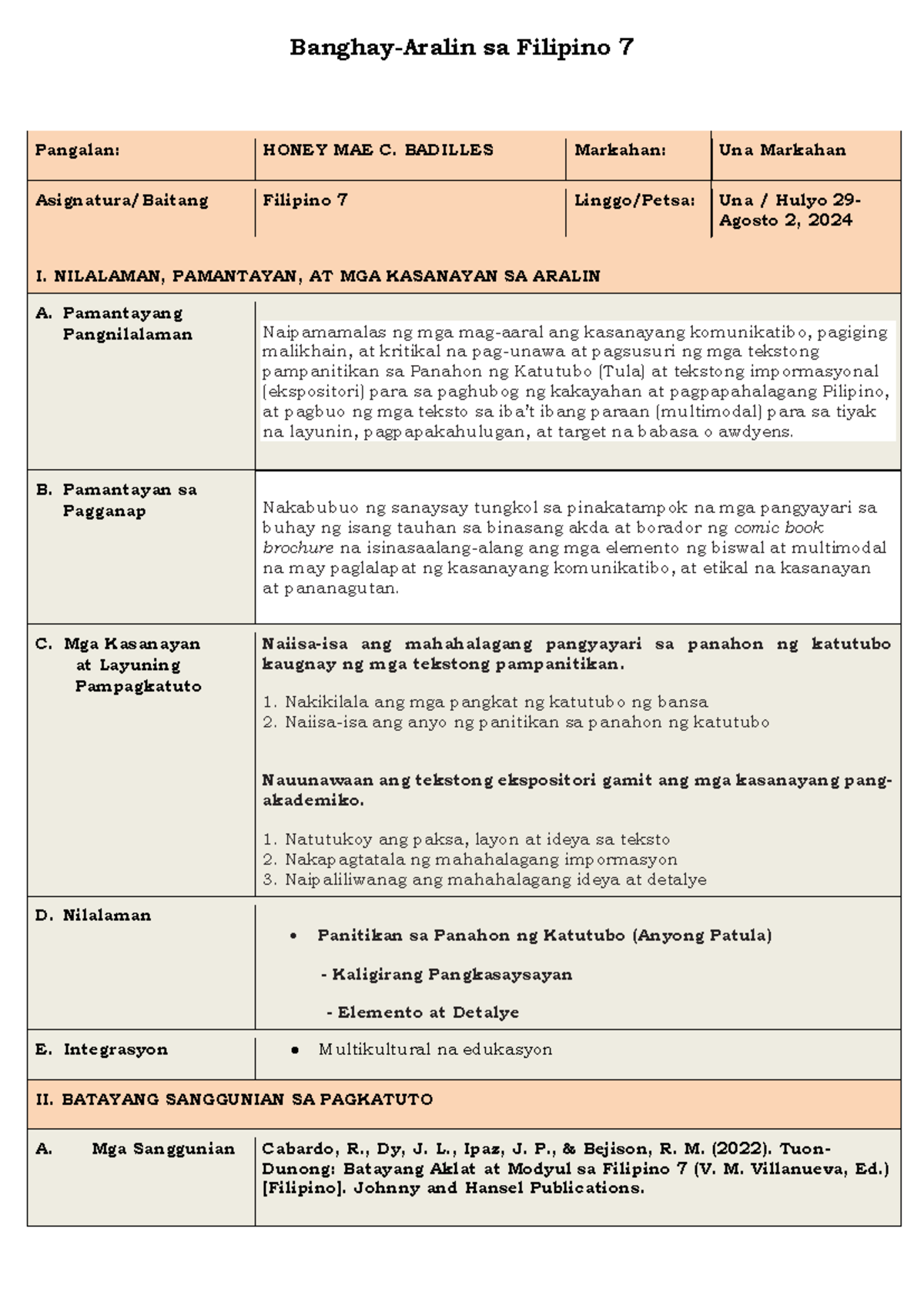 Filipino 7 - Lesson Exemplary Plan for Matatag Curriculum (Week 1 ...