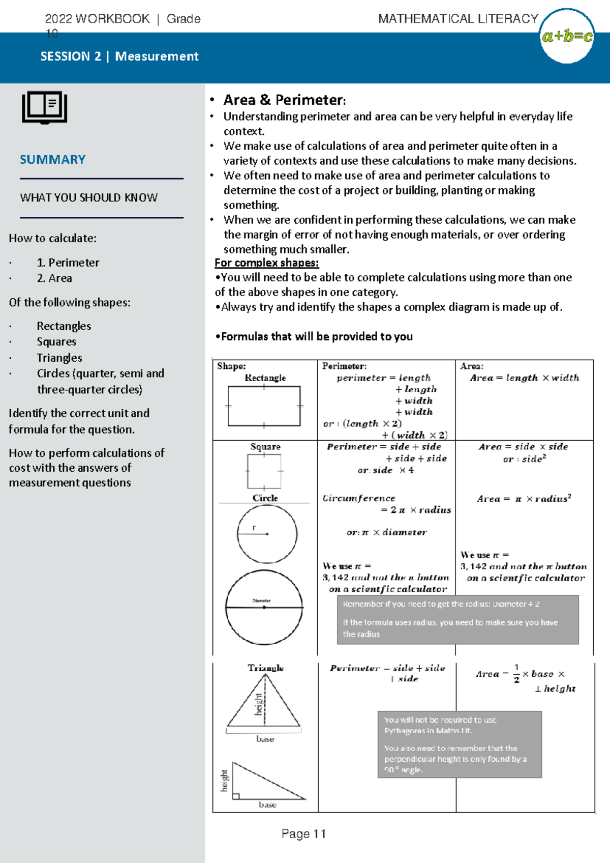Grade 10 Maths Lit Workbook 2022: Area & Perimeter Concepts - Studocu