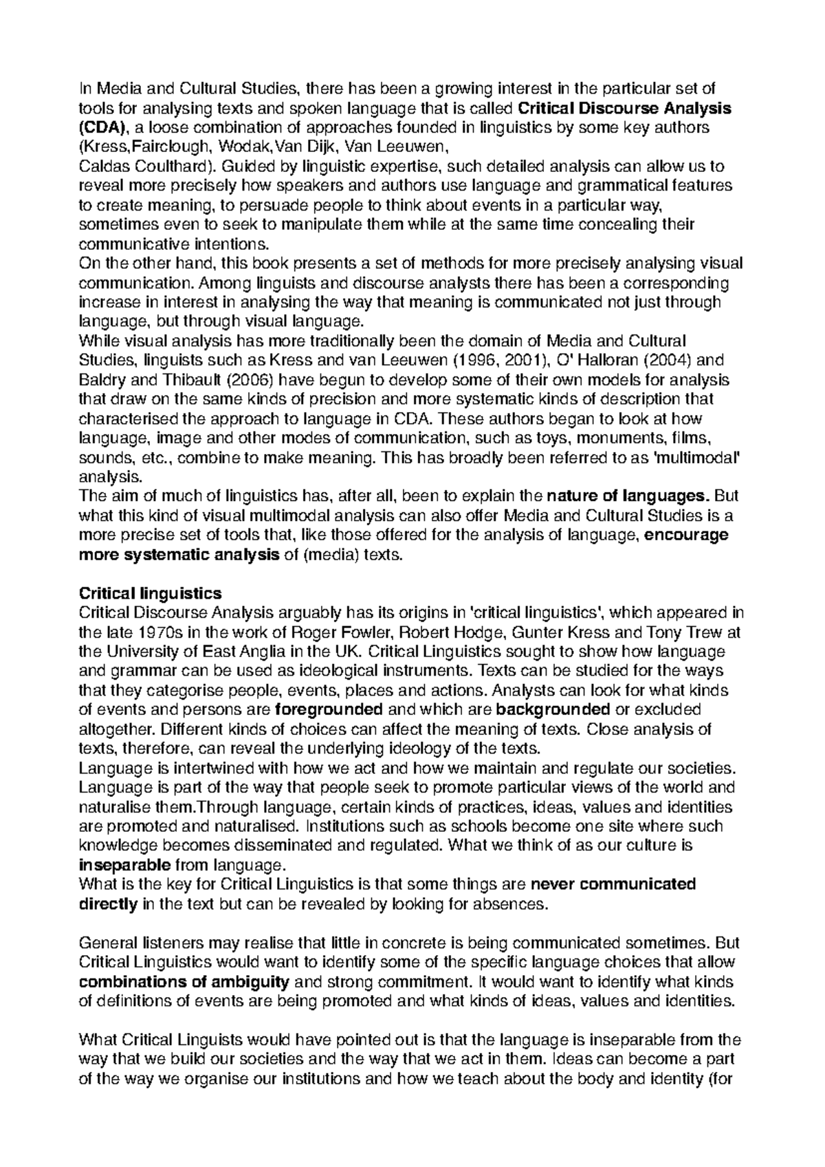 Critical Discourse Analysis in Media & Cultural Studies (CDA) - Exam ...