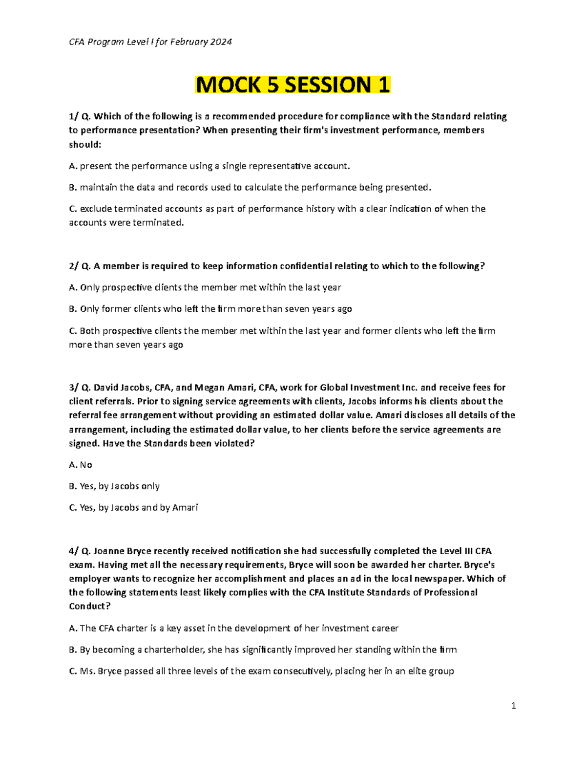 CFA Program Level I February 2024 Mock Exam 5 - Session 1 Questions ...