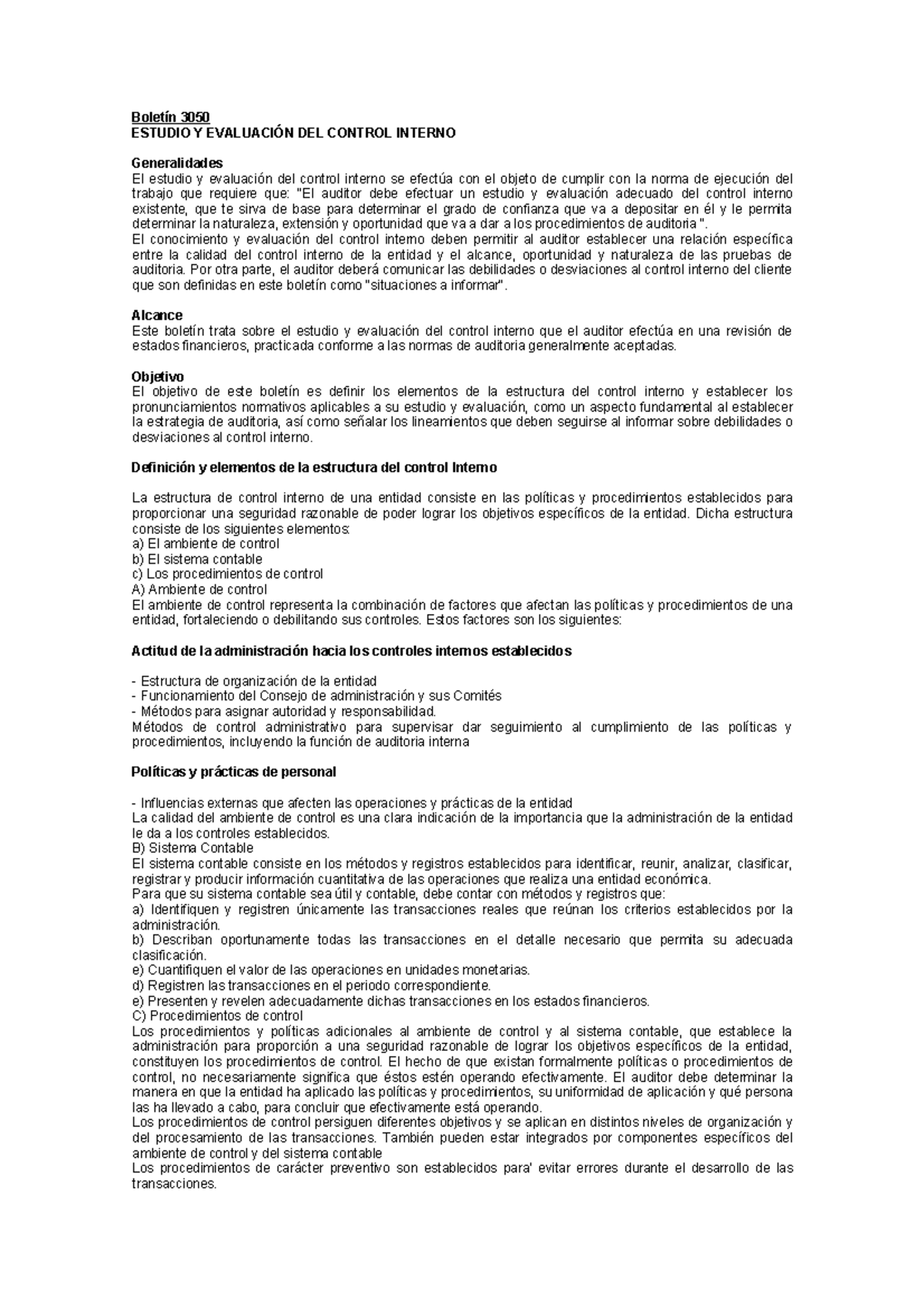 Boletín 3050: Estudio y Evaluación del Control Interno en Auditoría ...