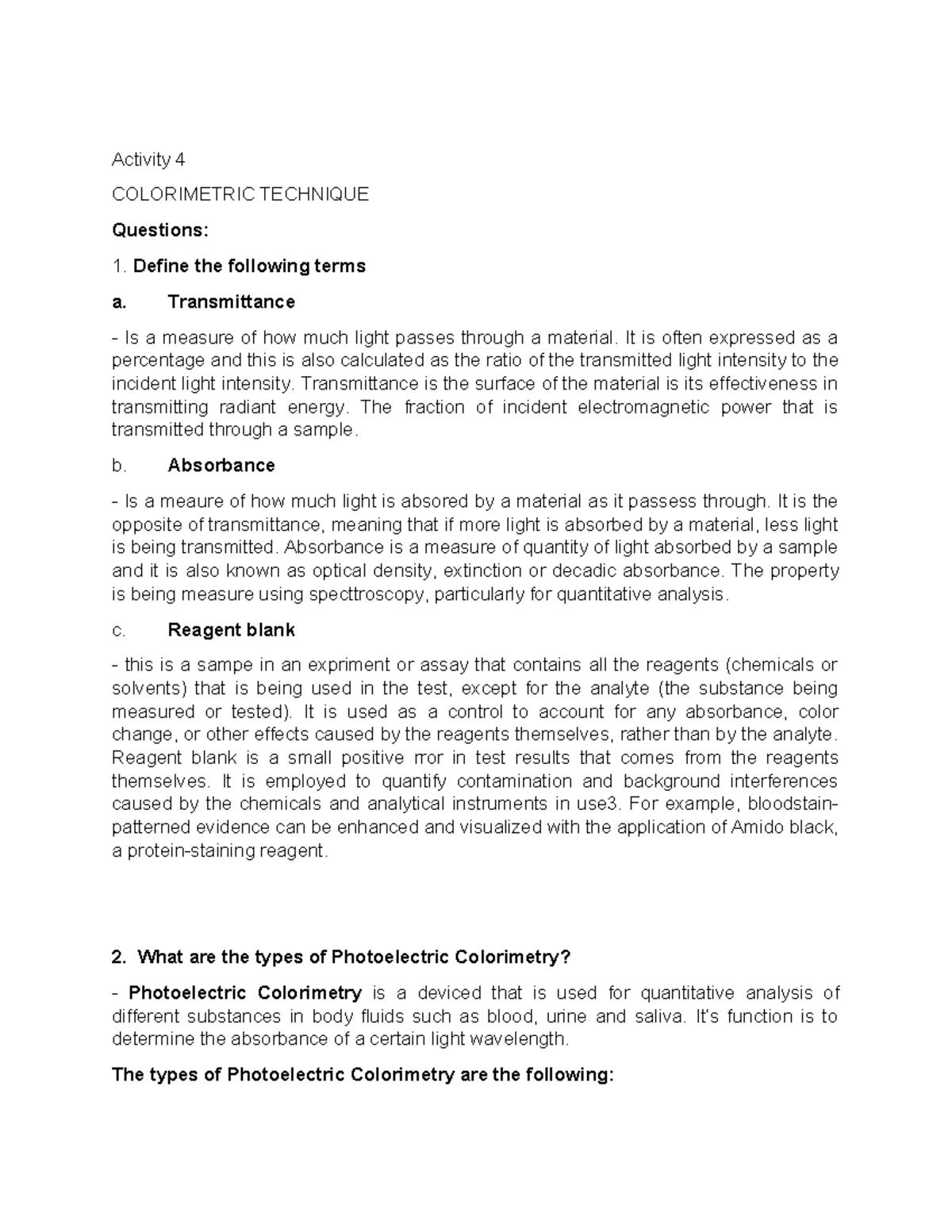 Activity - colorimetric - Activity 4 COLORIMETRIC TECHNIQUE Questions ...