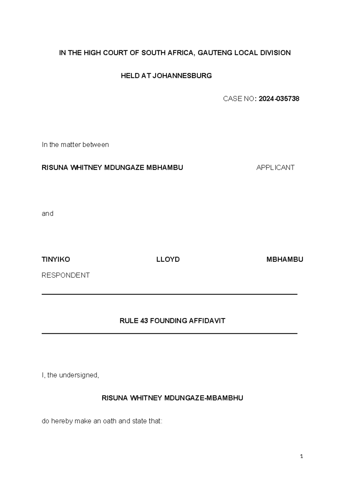 Rule 43 Founding Affidavit: Mdungaze Mbhambu v. Tinyiko Mbhambu - Studocu