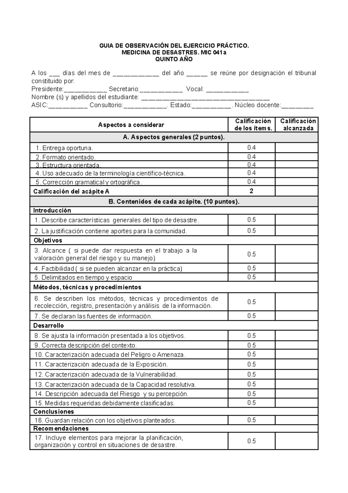 Guía de Evaluación de Ejercicio Práctico en Medicina de Desastres - MIC 041a - Document Preview