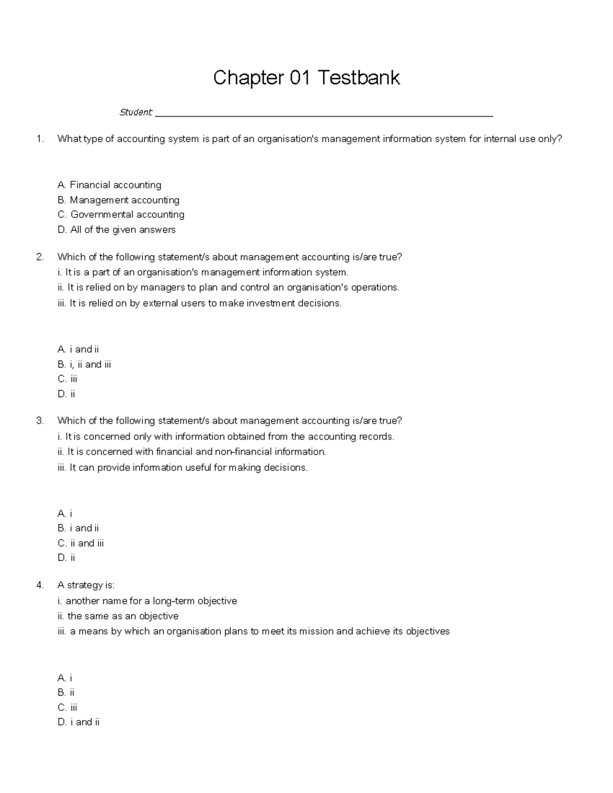 Chapter 01 Testbank - AF201 Quiz on Management Accounting Principles ...
