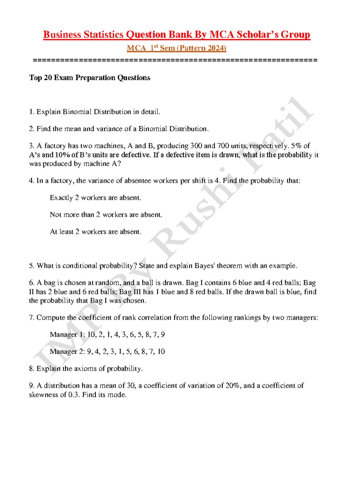 MCA 1st Sem Business Statistics: Top 20 Exam Questions (2024) - Studocu