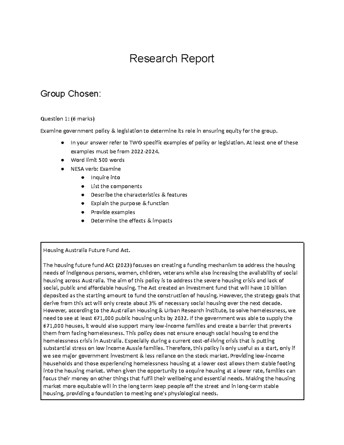 HSC CAFS Task 2: Band 5 Example Report on Housing Equity Issues - Studocu