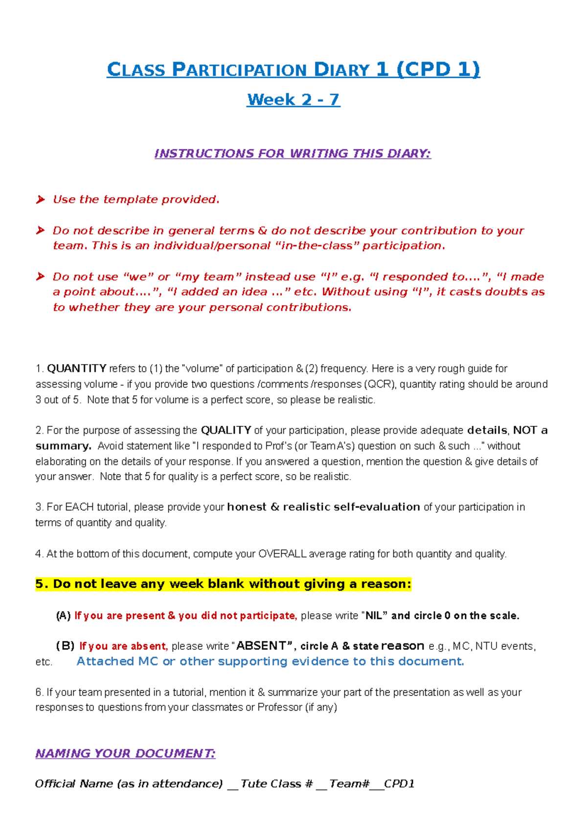 CPD 1 Week 2: Guidelines for Class Participation Diary - Studocu