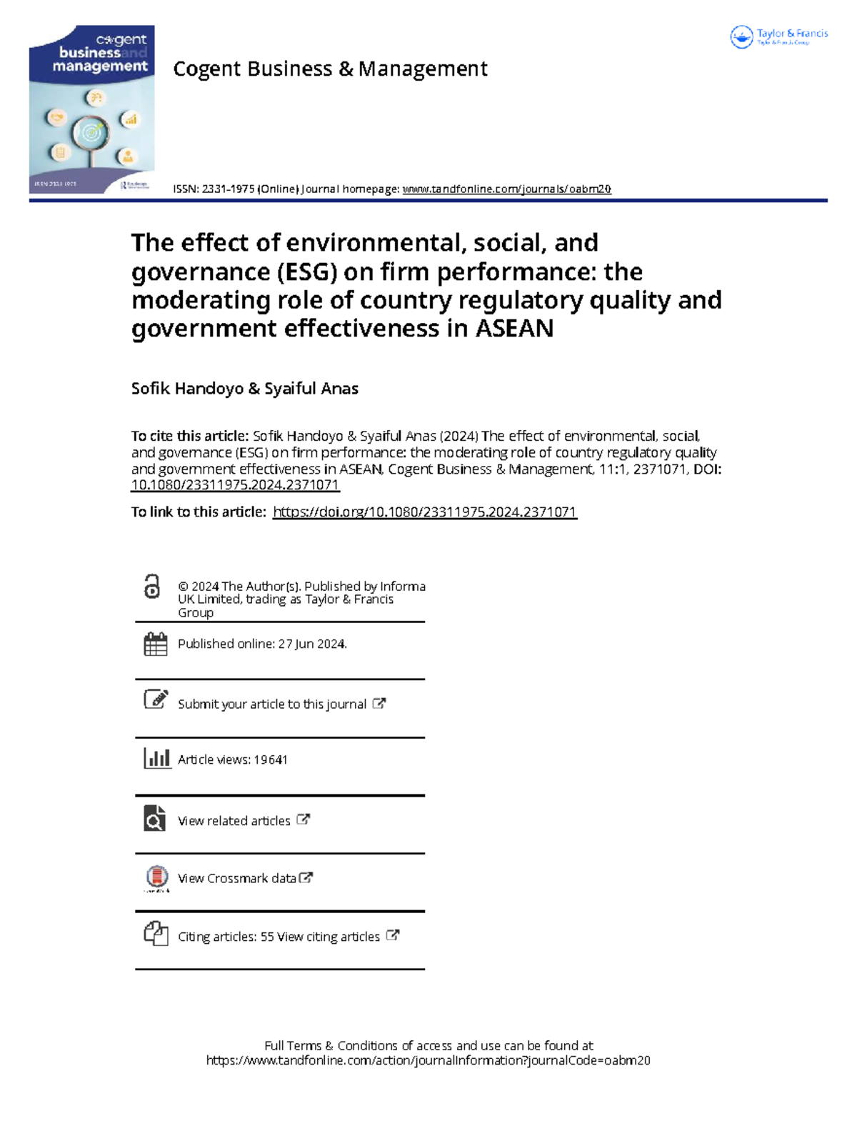 The Effect of ESG on Firm Performance: Moderating Role of Regulatory ...