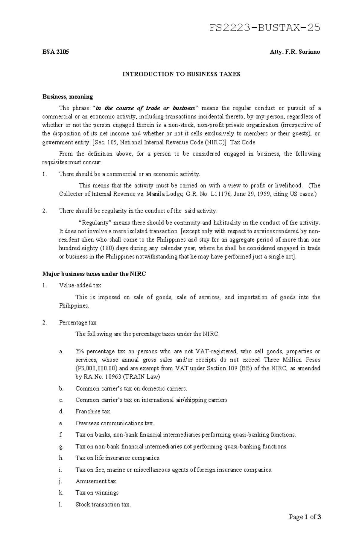 BSA 2105 Final Exam Notes: Introduction to Business Taxes - Studocu