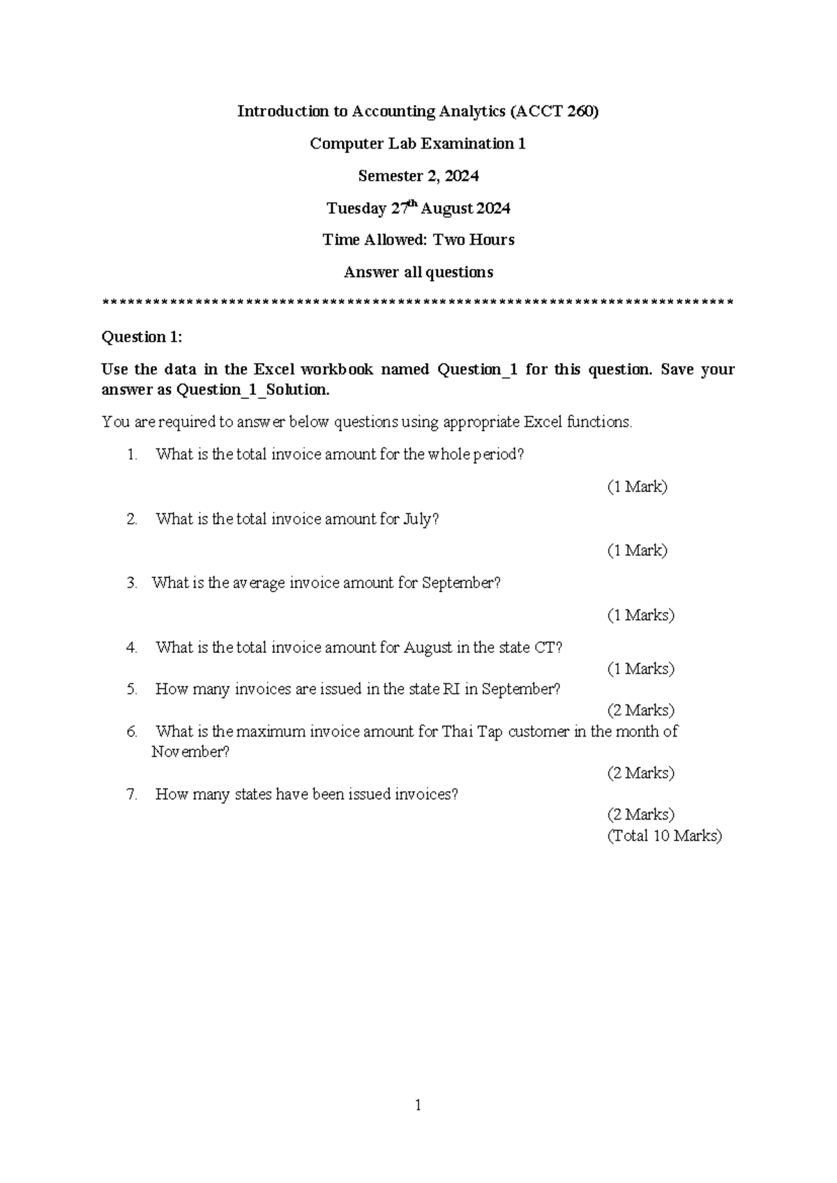 ACCT 260 Computer Lab Exam 1: Introduction to Accounting Analytics ...
