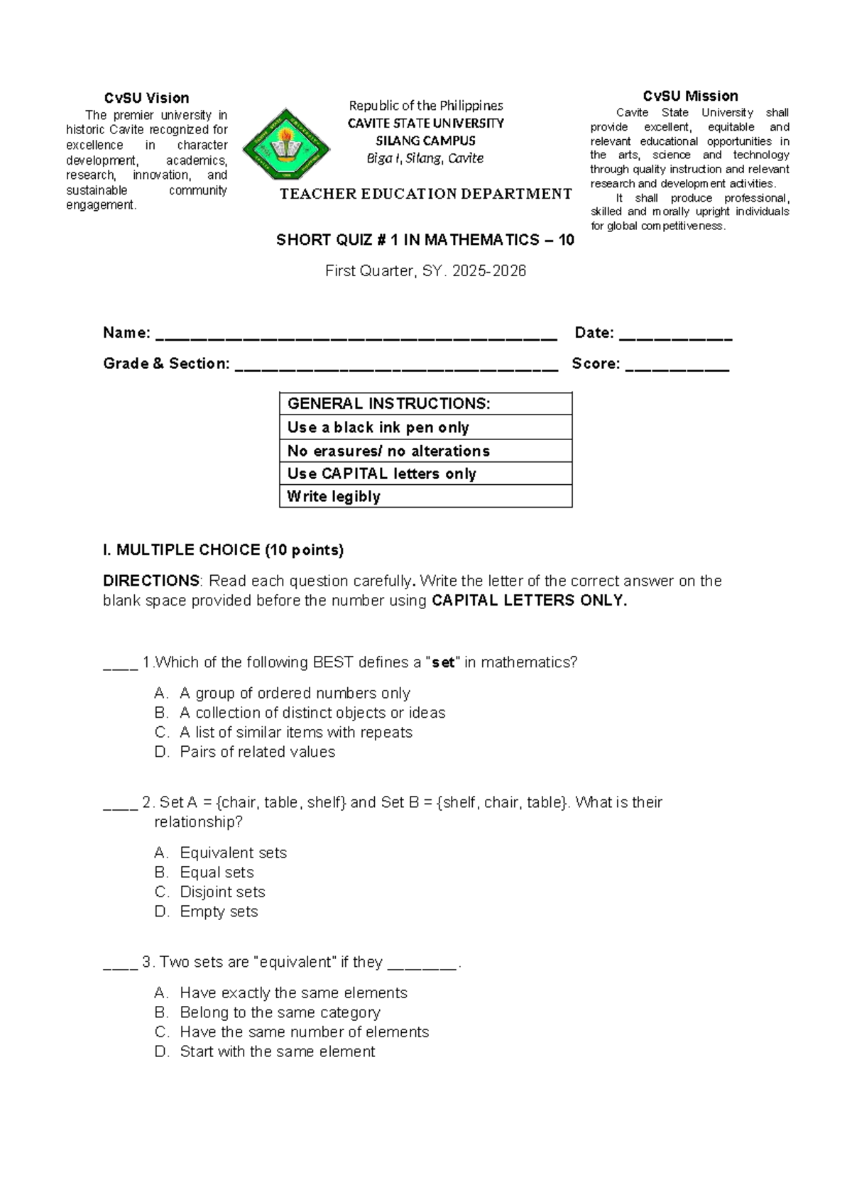 CvSU MATHEMATICS 10 SHORT QUIZ 1 - First Quarter - Studocu