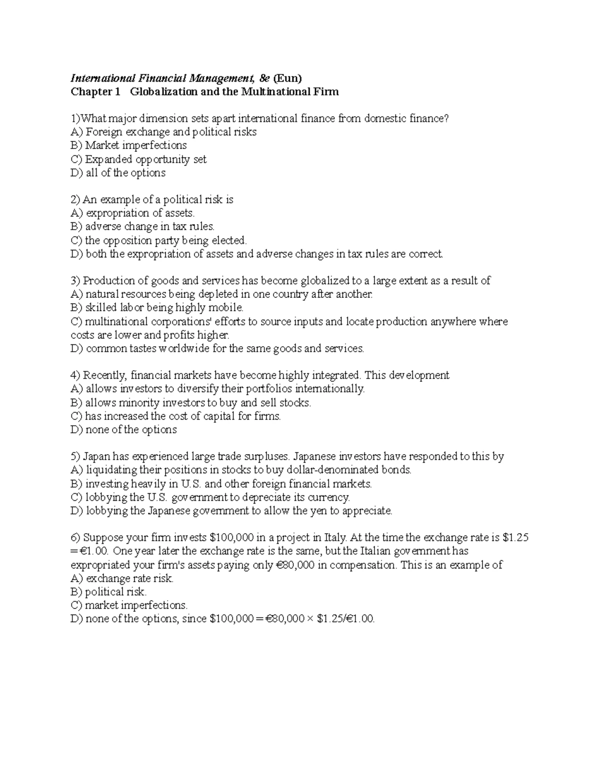 Chapter 1 - International Financial Management, 8e (Eun) Chapter 1 ...