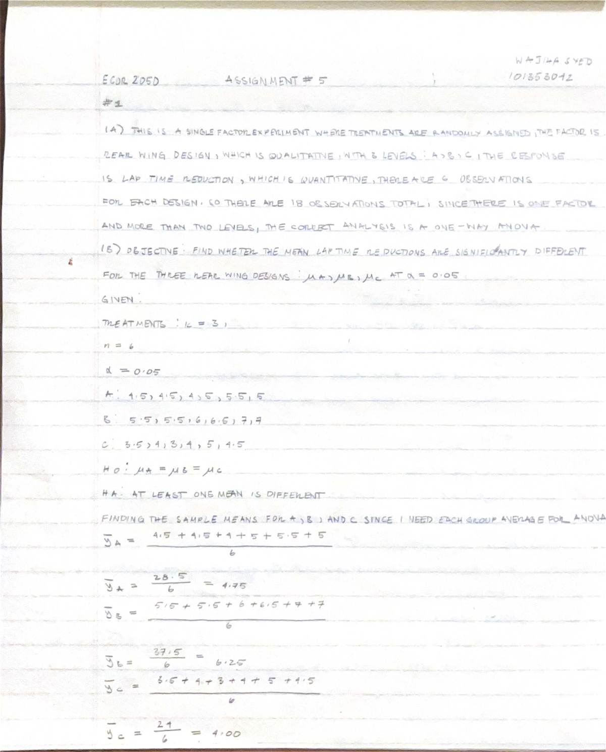 ECOR2050 Assignment 5: Analysis of Factorial Design in Treatments - Studocu