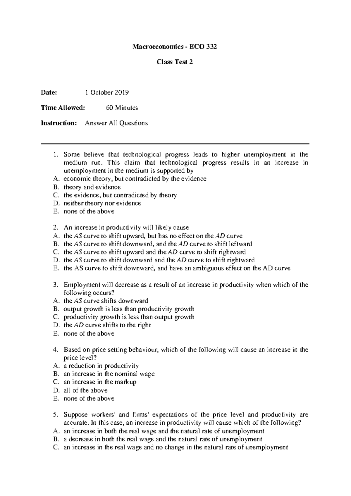 ECO332 Macroeconomics Class Test 2 Questions and Answers 2019 - Studocu