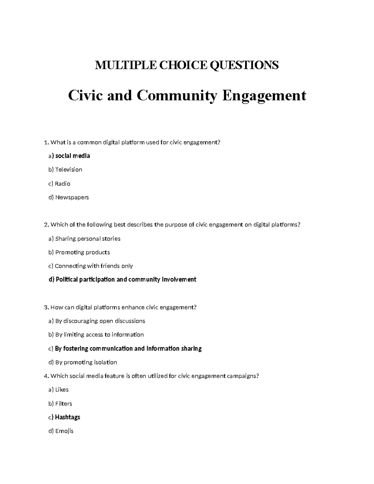 Civics and community engagement mcqs final review for course ce101