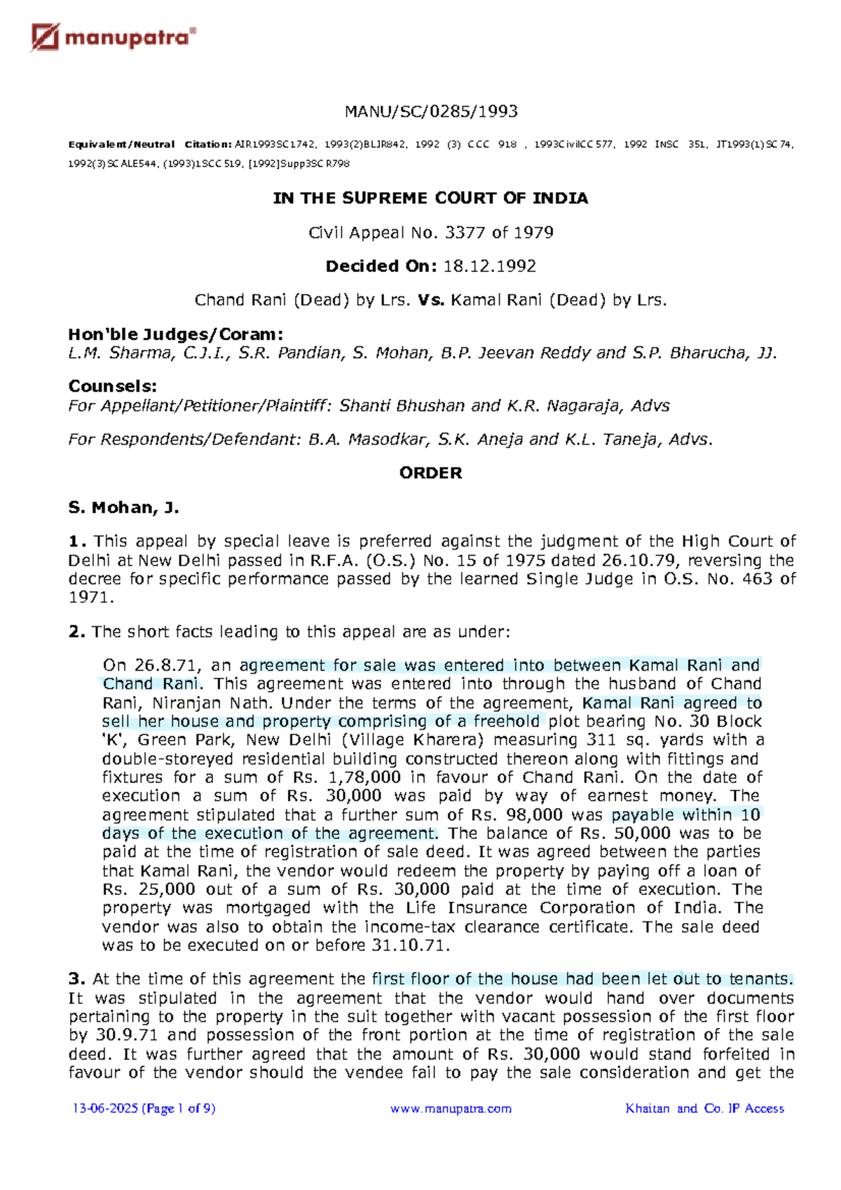 Chand Rani (Dead) Lrs. vs. Kamal Rani (Dead) Lrs. - Civil Appeal ...