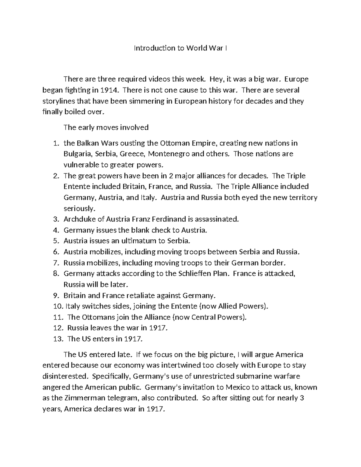 WWI Overview: Causes and Key Events (HIST 101) - Studocu