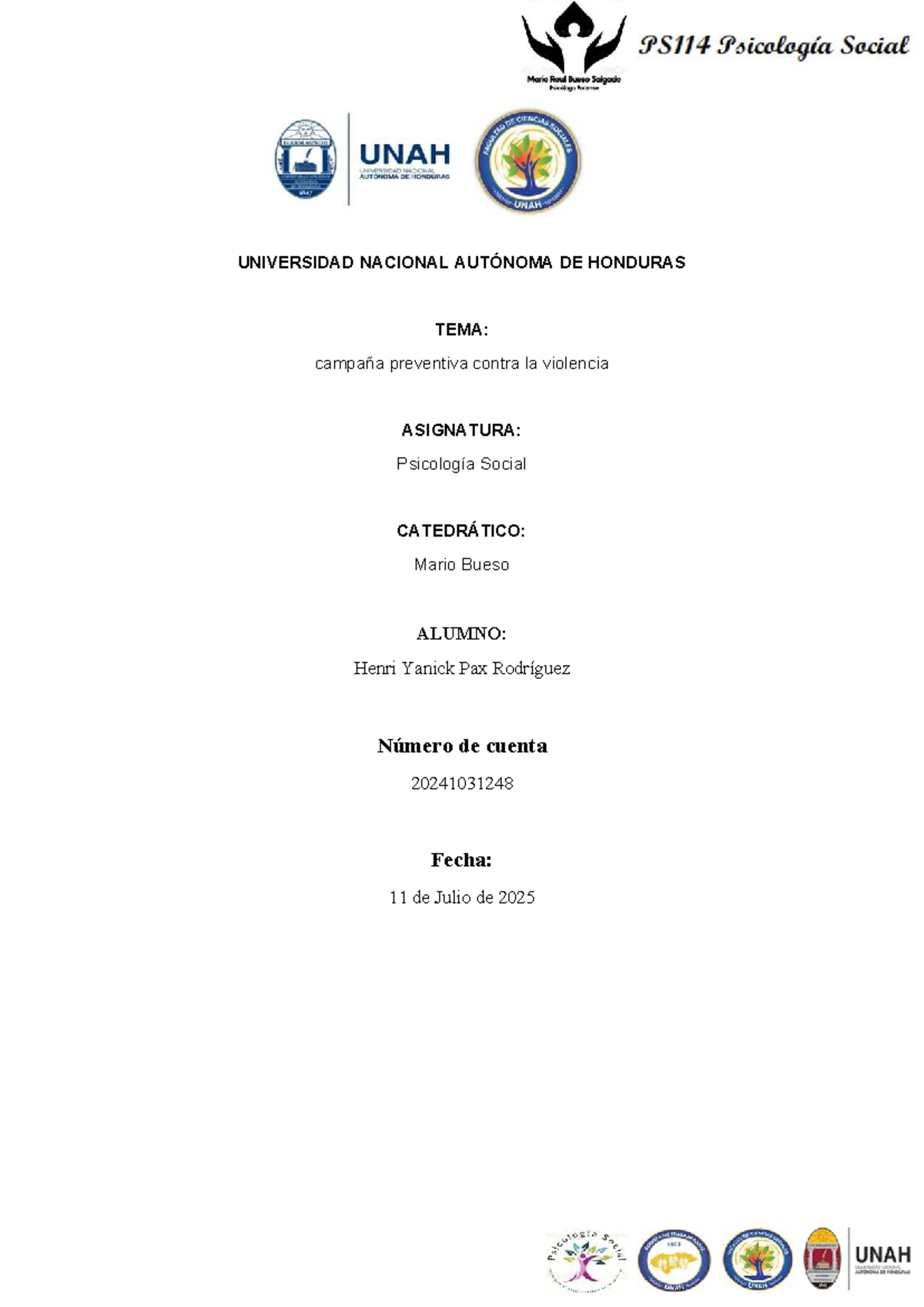 Informe de Prevención de la Violencia - Psicología Social - Studocu