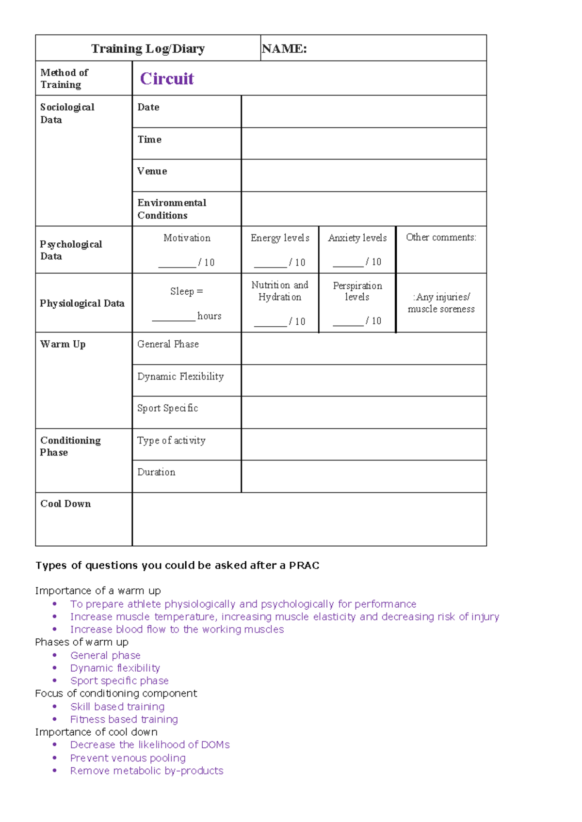 Circuit training program template and notes - Training Log/Diary NAME ...